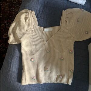 ASTR Cream Knit Puff Sleeve Top with Pastel Floral Embroidery